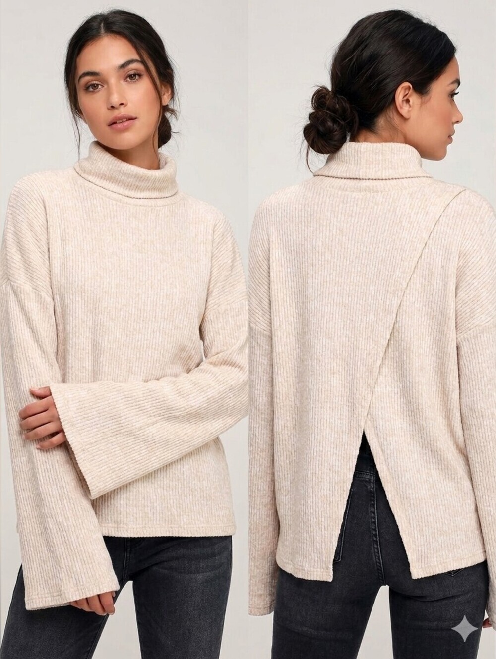 Lulus Cream Knit Turtleneck Bell Sleeve Overlap Split Back Sweater, Medium, NWT